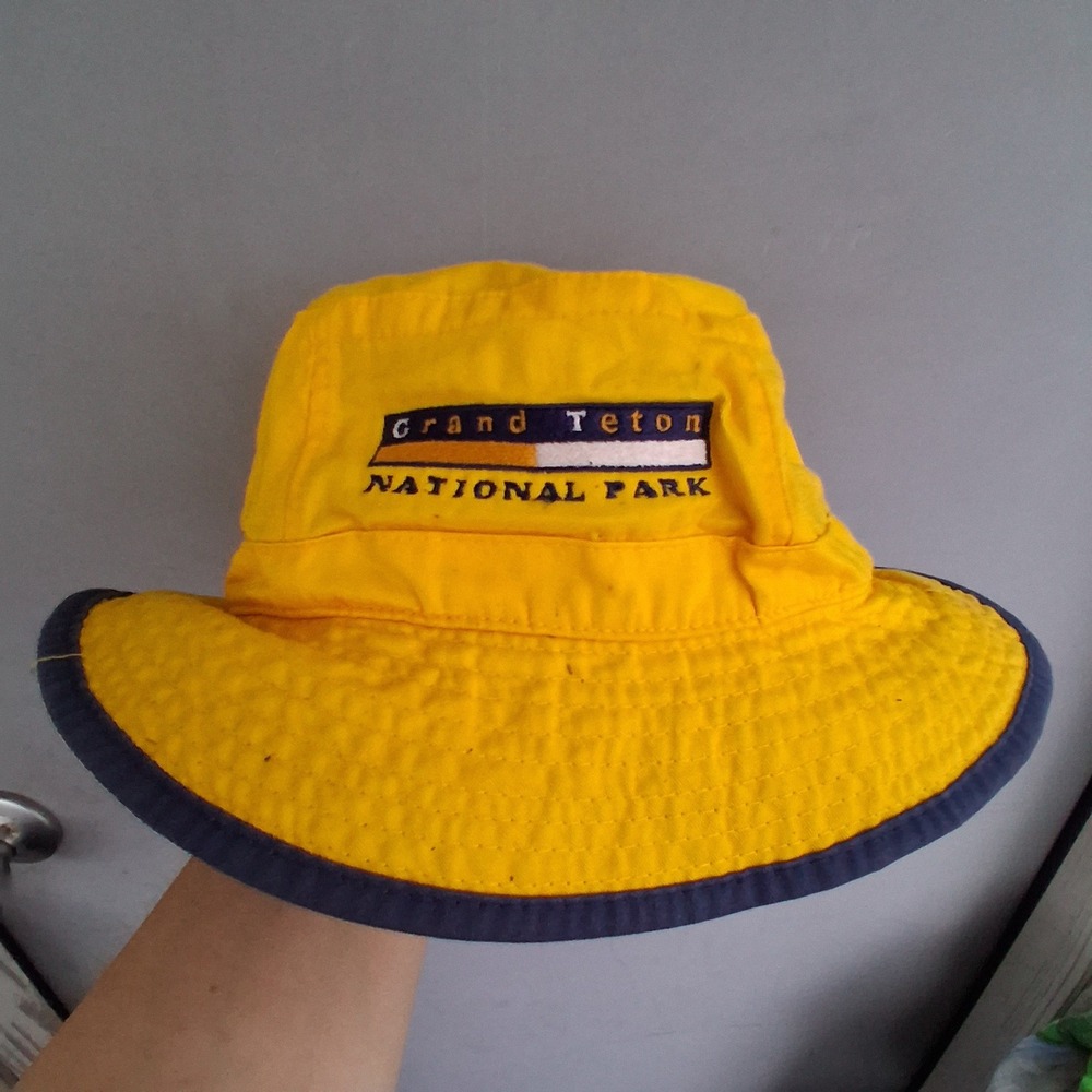 Vintage Fahrenheit Grand Teton National Park Bucket Hat Yellow Navy Blue S/M